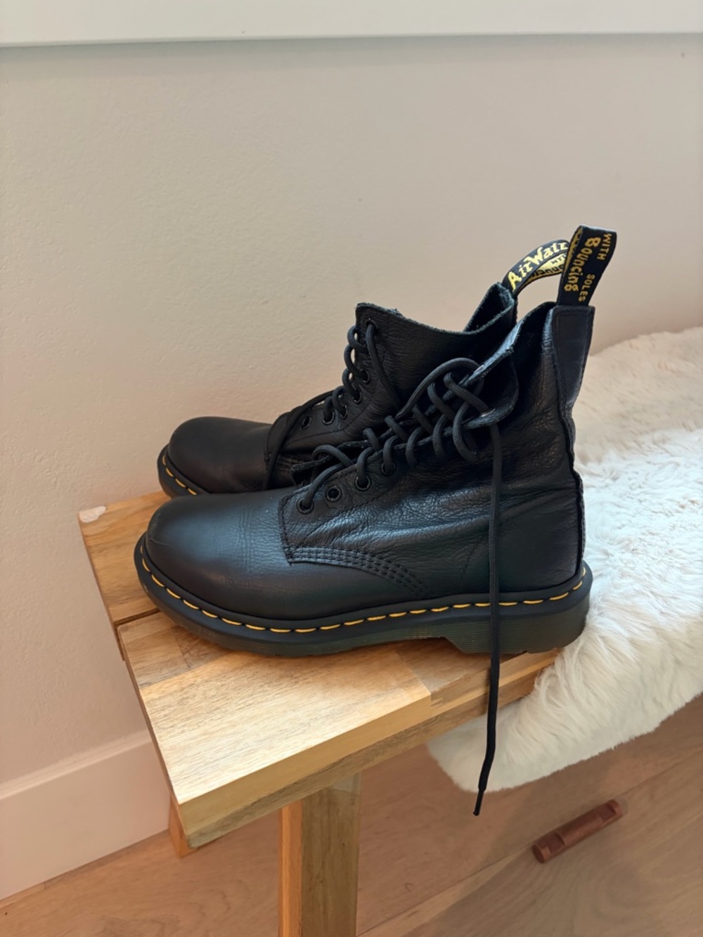 Dr. Martens Black Leather 8-Eye Lace-Up Boots with Yellow Stitching